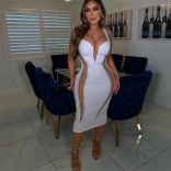 White Halter Low Cut Mesh Rhinestone Bodycon Midi Dress