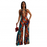 Orange Backless Vintage Printed Deep V Neck Wide Leg Jumpsuits