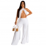 White Backless Halter Two Pieces Wide Leg Fashion Jumpsuit Dress