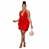 Red Deep V Neck Halter Sequins Club Sexy Dance Mini Dress