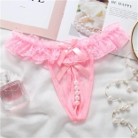Pink Lace Sexy Pearls Crotchless Women Underwear G-String