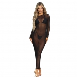 Black Mesh Long Sleeve See Through Sexy Women Party Midi Dress