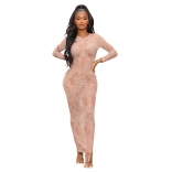 Beige Mesh Long Sleeve See Through Sexy Women Party Midi Dress