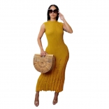 Sleeveless O Neck Knitted Pleated Summer Bodycon Midi Dress