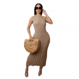 Sleeveless O Neck Knitted Pleated Summer Bodycon Midi Dress