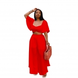 Red Low Cut Short Sleeve Crop Tops Wide Leg Chiffon Long Pants Jumpsuit