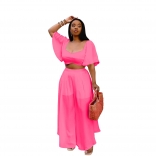 Pink Low Cut Short Sleeve Crop Tops Wide Leg Chiffon Long Pants Jumpsuit