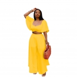 Yellow Low Cut Short Sleeve Crop Tops Wide Leg Chiffon Long Pants Jumpsuit