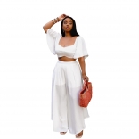 White Low Cut Short Sleeve Crop Tops Wide Leg Chiffon Long Pants Jumpsuit