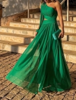 Green One Sleeve Mesh Hollow Pleated Chiffon Women Maxi Dress Plus Size