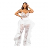 White Straps Lace Crop Top Wide Leg Women Long Pant Jumpsuit Sets