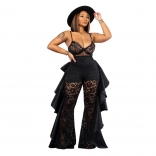 Black Straps Lace Crop Top Wide Leg Women Long Pant Jumpsuit Sets