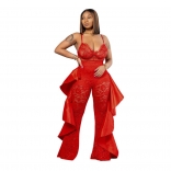 Red Straps Lace Crop Top Wide Leg Women Long Pant Jumpsuit Sets