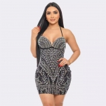 Black Halter V neck Diamonds Women Sexy Bodycon Mini Dress