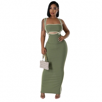 Green Sleeveless Crop Top Pleated Women Halter Midi Party Dress