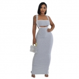 Gray Sleeveless Crop Top Pleated Women Halter Midi Party Dress