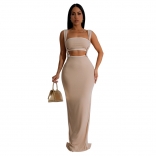 Beige Sleeveless Crop Top Pleated Women Halter Midi Party Dress