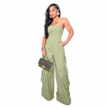 Green Off Shoulder Strapless Pocket Wide Leg Cargo Jumpsuits