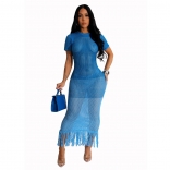 Blue Sexy Knitted Tassel Beach Summer Short Sleeve Party Long Dress