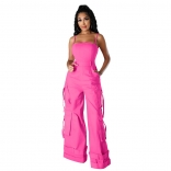 Rose Red Off Shoulder Strapless Pocket Wide Leg Cargo Jumpsuits