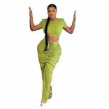 Light Green Short Sleeve Crop Top Two Pieces Striped Pleated Women Midi Dress