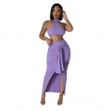 Purple Sleeveless Crop Top Pleated Women Bandage Formal Midi Dress