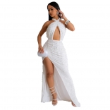 White Sleeveless Halter Deep V Neck Pearls Sexy Club Prom Maxi Dress