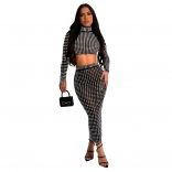 Black Two Pieces Long Sleeve Diamonds Crop Top Bodycon Mesh Prom Midi Dress