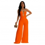 Orange Off Shoulder Deep V Neck Bodycons Wide Leg Women Jumpsuit