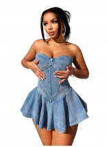 Blue Off Shoulder Pleated Sexy Denim Jeans Skirt Dress