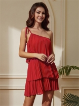 Red Asymmetrical Sloping Shoulders Pleated Chiffon Women Mini Dress