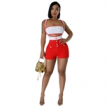 Red Sleeveless Vest Bra Two Pieces Women Romper Short Sets