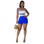 Blue Sleeveless Vest Bra Two Pieces Women Romper Short Sets