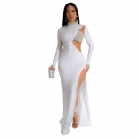 White Long Sleeve Hollow Out Rhinestones Luxury Women Party Prom Maxi Dress