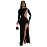 Black Long Sleeve Hollow Out Rhinestones Luxury Women Party Prom Maxi Dress