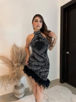 Black Sleeveless Halter Backless Rhinestone Evening Party Feather Mini Dress