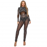 Black Mesh Long Sleeve See Through Rhinestone Bodycon Party Sexy Jumpsuit