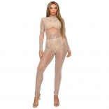 Beige Mesh Long Sleeve See Through Rhinestone Bodycon Party Sexy Jumpsuit
