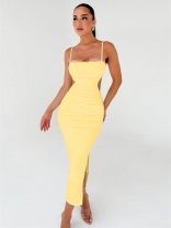 Yellow Strapless Hollow Out Pleated Women Prom Midi Dress