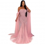 Pink Off Shoulder Mesh Rhinestones Sexy Pearls Bodyon Wedding Maxi Dress