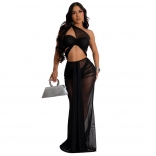 Black Mesh Sleeveless Hollow Out Snatch Two Piece Sexy Club Evening Maxi Dress Underwear