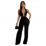 Black Halter Deep V Neck Velvet Hollow Out Women Wide Leg Jumpsuit Dress