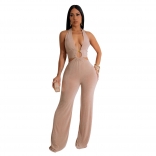 Beige Halter Deep V Neck Velvet Hollow Out Women Wide Leg Jumpsuit Dress