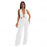 White Halter Deep V Neck Velvet Hollow Out Women Wide Leg Jumpsuit Dress
