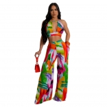 Green Sleeveless Halter Crop Top Printed Wide Leg Fashion Jumpsuit Sets
