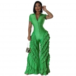 Green Short Sleeve Button Neck Ruffles Pleated Women Jumpsuits