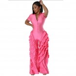 Pink Short Sleeve Button Neck Ruffles Pleated Women Jumpsuits