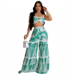 Green Sexy Crop Top Printed Fashion Women Wide Leg Jumpsuit Dress