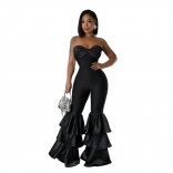 Black Off Shoulder Pleated Lacy Bodycon Party Jumpsuit Dress