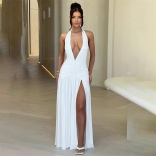 White Deep V Neck Pleated Women Summer Long Evening Party Dress